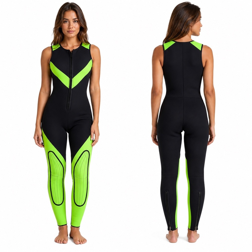Fathom Seaflex Wetsuit Womens XS Black Neon Green Sleeveless Full Suit Front Zip